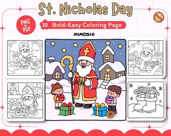 May include: A digital coloring page set with the text "St. Nicholas Day" and "10 Bold-Easy Coloring Page". The illustrations depict St. Nicholas, children, gifts, and winter scenes. The style is cartoonish and suitable for children.