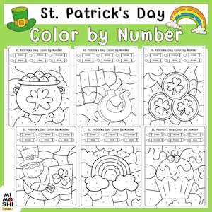 Puede incluir: Un conjunto de seis hojas de actividades de colorear por números con temática del Día de San Patricio. Cada hoja presenta una imagen diferente, incluyendo una olla de oro, una herradura, tréboles, un duende, un arcoíris y una magdalena. La parte superior de la imagen dice "St. Patrick's Day Color by Number".
