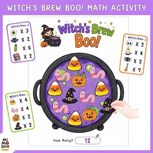 Puede incluir: Una hoja de actividades matemáticas Witch's Brew Boo! con un gran caldero negro lleno de líquido morado, dulces de maíz, calabazas, gusanos y sombreros de bruja. Tres tarjetas pequeñas listan los elementos y el número 12 aparece abajo.
