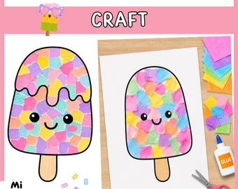 Könnte beinhalten: Ein Bastelprojekt mit zwei Eis am Stiel-Designs aus buntem Seidenpapier. Der Text "POPSICLE TISSUE PAPER CRAFT" ist oben zu sehen. Die Designs haben lächelnde Gesichter und befinden sich auf weißem Papier.