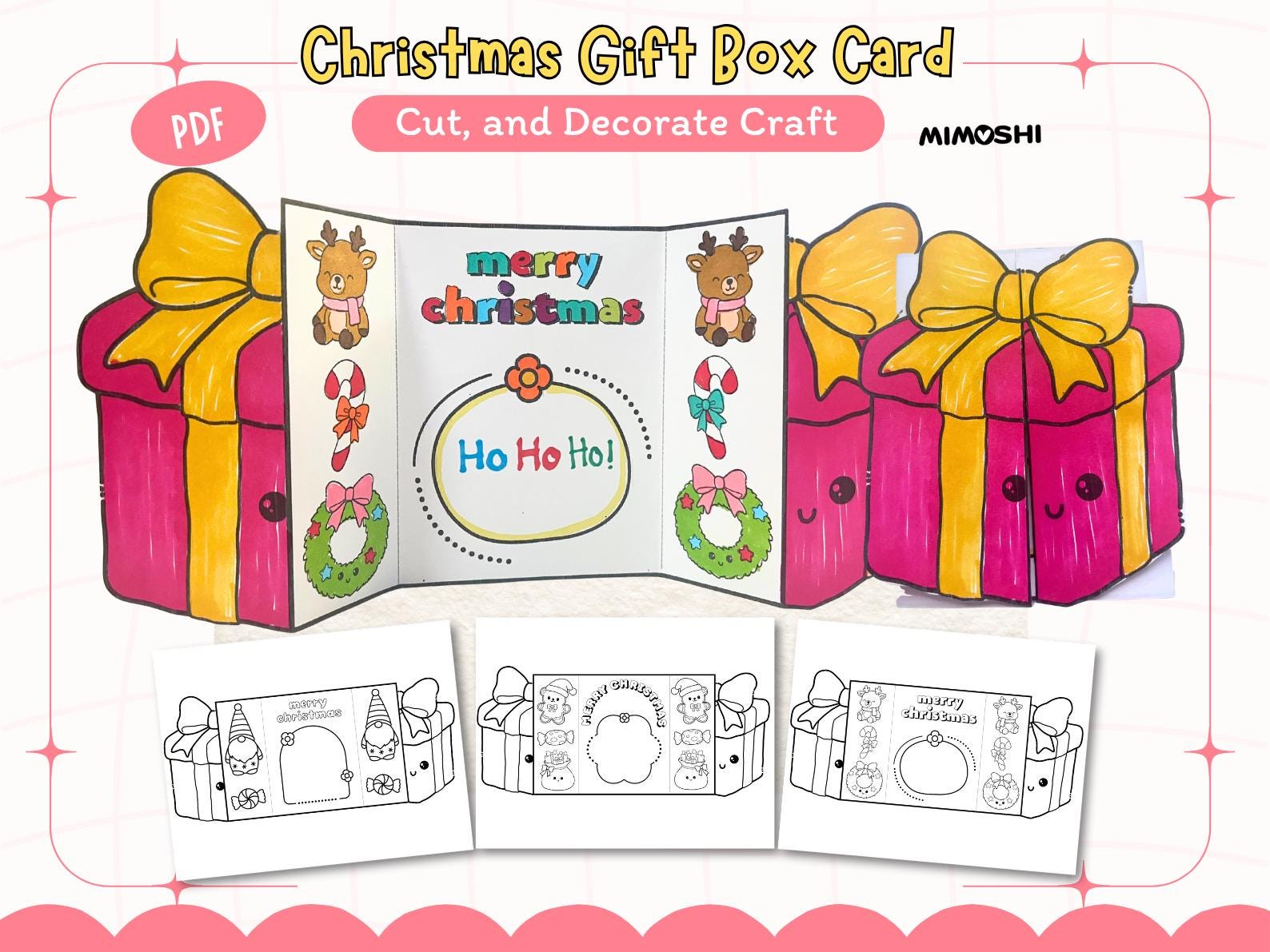 3D Christmas Gift Box Card Craft | Printable Holiday Coloring Activity ...