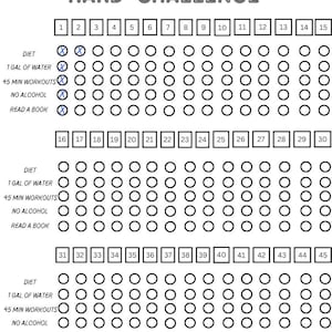 May include: A black and white printable chart with the text "45 Hard Challenge" at the top. The chart is divided into 45 squares, each with a number from 1 to 45. The chart is designed to help people track their progress on a 45-day challenge. The challenge includes five goals: diet, 1 gallon of water, 45-minute workouts, no alcohol, and read a book.