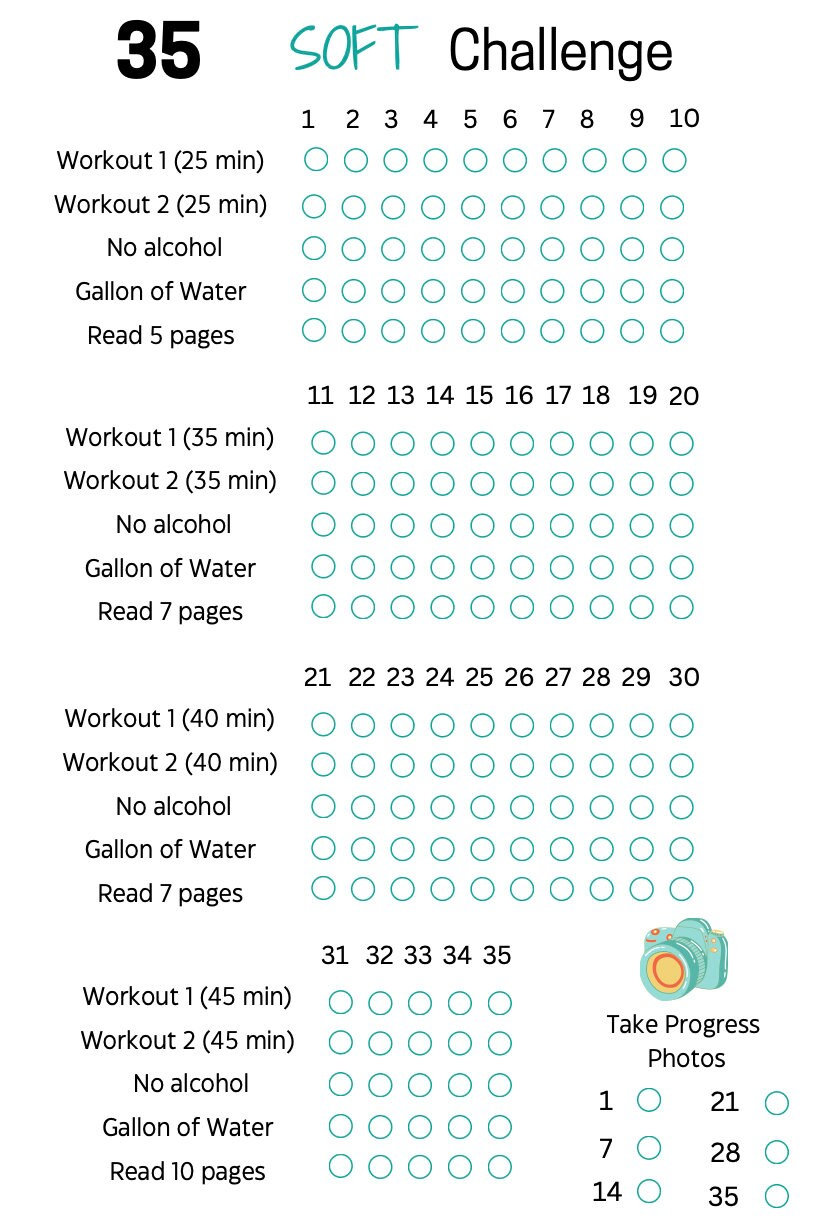 35 Soft Challenge Tracker, 35 Day Challenge Printable, Fitness Journal, Self Improvement, 75 Soft Challenge, Weight Loss Challenge, PDF