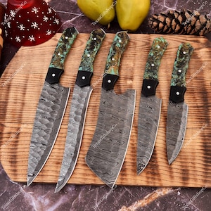 Hand Forged Damascus Chef Set, Handmade Kitchen knife, Damascus Chef knives, Cooking knife, Kitchen knives, Anniversary & Birthday gift USA