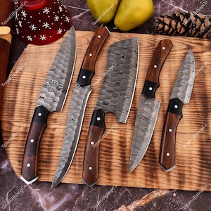 Hand Forged Damascus Chef Set, Handmade Kitchen knife, Damascus Chef knives, Cooking knife, Kitchen knives, Anniversary & Birthday gift USA