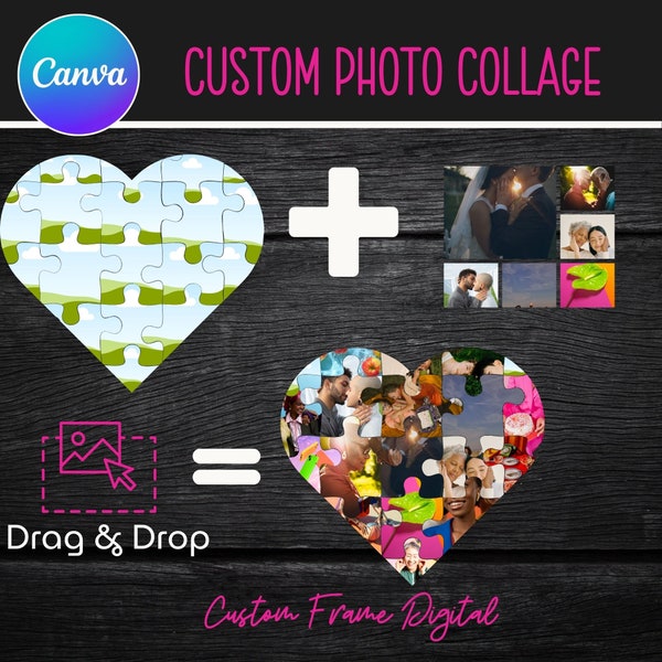 Heart Photo Collage, Canva Frame, Editable Template, Retro letters and Numbers, Fill Your Own Drag & Drop Templates, Commercial Use,