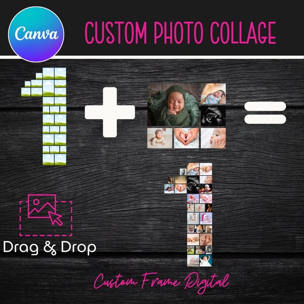 Number Photo Collage, Canva Frame, Editable Template, Retro Numbers, Fill Your Own Drag & Drop Templates, Commercial Use,