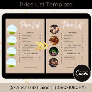 Op de afbeelding: Een beige en witte prijslijst sjabloon voor een spa of salon. De sjabloon bevat een lijst met massages, gezichtsbehandelingen en lichaamsbehandelingen met prijzen. De sjabloon is ontworpen om te worden afgedrukt en weergegeven in een spa of salon.