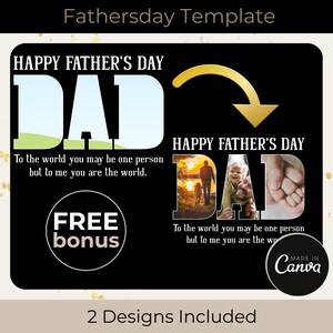May include: A black and white Father's Day template with two designs. One design features the word "DAD" with a landscape background and the text "Happy Father's Day". The other design has a photo of a father and child.