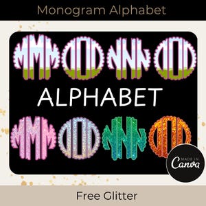 Op de afbeelding: Monogram-alfabet met een verscheidenheid aan glitterkleuren. De letters staan in een cirkel met een gegolfde rand. De letters zijn M, O en N. De tekst "Free Glitter" staat onderaan de afbeelding.