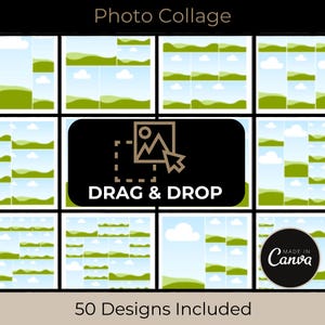 May include: A collage template with 50 different designs featuring a green and blue landscape with clouds. The text "DRAG & DROP" is displayed on a black rectangle with a white outline. The text "MADE IN CANVA" is displayed on a white circle with a black outline.