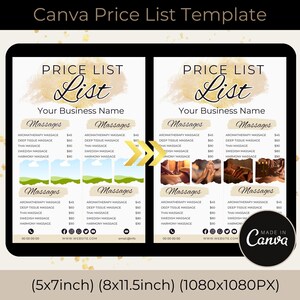 Op de afbeelding: Een prijslijst sjabloon voor een massagebedrijf. De sjabloon is ontworpen in Canva en heeft een goud-wit kleurenschema. De sjabloon bevat een lijst met massageservices met prijzen, contactgegevens en een website-adres.