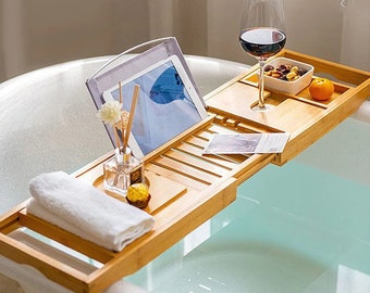 Lux Bath Extendable Bath Tray to Safely Hold Your Tablet, Phone, Wine Glass and Candles | Non-slip, Water-resistant, and Made from Bamboo