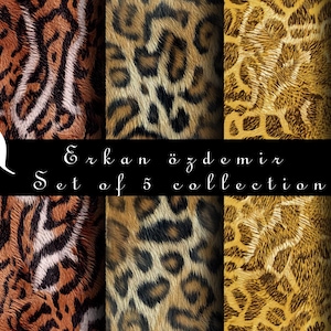 Puede incluir: Un conjunto de cinco patrones de estampado animal, incluyendo jirafa, leopardo, tigre y guepardo. Los patrones son en tonos de marrón, negro y blanco. El texto "Erkan özdemir Set of 5 collection png" se muestra en la parte inferior de la imagen.