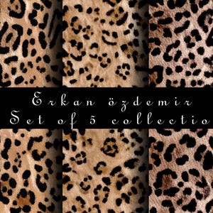 Puede incluir: Conjunto de cinco patrones de papel digital con un diseño de estampado de leopardo en tonos marrones y negros.
