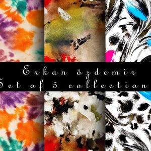 Puede incluir: Conjunto de 5 patrones digitales sin costuras que presentan diseños abstractos en varios colores, incluidos el negro, el blanco, el verde, el azul, el naranja, el rosa y el morado. Los patrones están etiquetados como "Erkan özdemir Set of 5 collection pattern png".