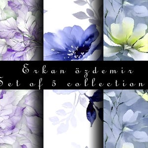 May include: Set of five watercolor floral patterns in shades of blue, purple, and white. The patterns feature stylized flowers and leaves. The text "Erkan özdemir Set of 5 collection pattern png" is at the bottom of the image.