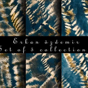 May include: Set of five abstract digital paper patterns in blue, gold, and white. The patterns are seamless and can be used for a variety of projects, such as scrapbooking, card making, and digital design.