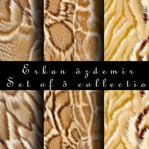 Puede incluir: Conjunto de cinco texturas de papel digital con diferentes patrones de estampado animal. Los patrones incluyen estampados de leopardo, guepardo, tigre y cebra en tonos marrones, negros y blancos.