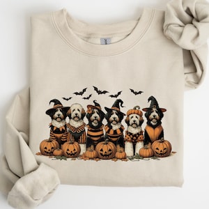 May include: A beige sweatshirt with a Halloween design. The graphic shows six dogs in costumes, wearing witch hats and pumpkin outfits, with pumpkins and bats. A comfortable and festive garment.
