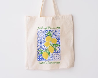 Fresh Off the Market Bachelorette Tote Personalized Gift For Bride Lemon Italian Summer Italy Bachelorette Beach Bag Custom Bridal Fashion