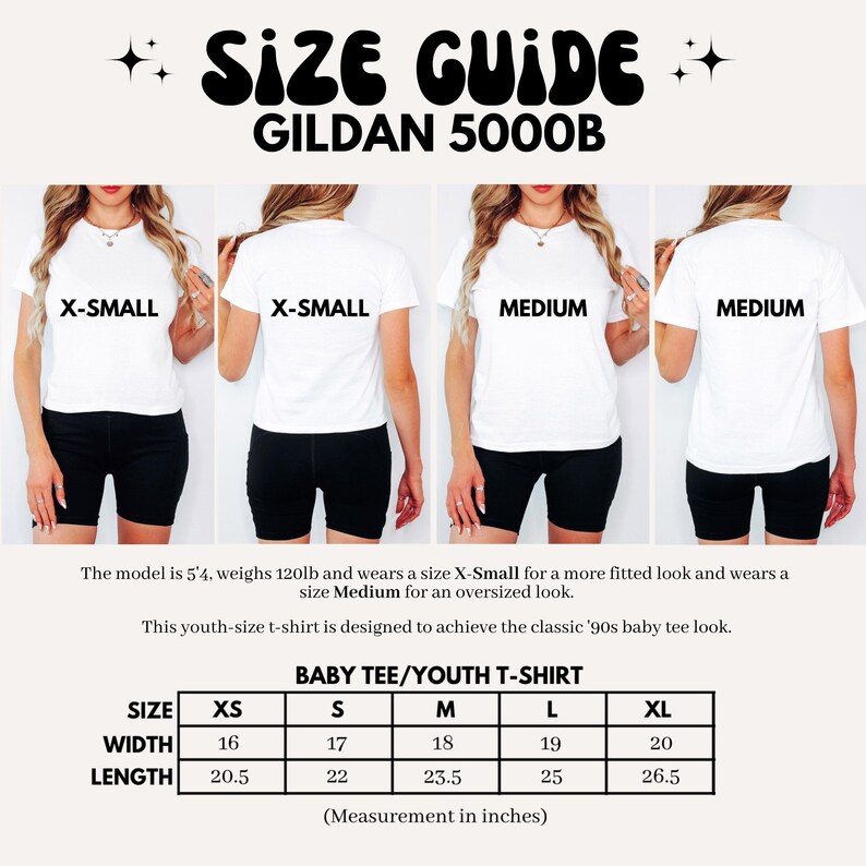 Puede incluir: Gu&iacute;a de tallas para camisetas para j&oacute;venes Gildan 5000B. La tabla muestra las medidas en pulgadas para las tallas XS, S, M, L y XL. Se indican las medidas de ancho y largo.