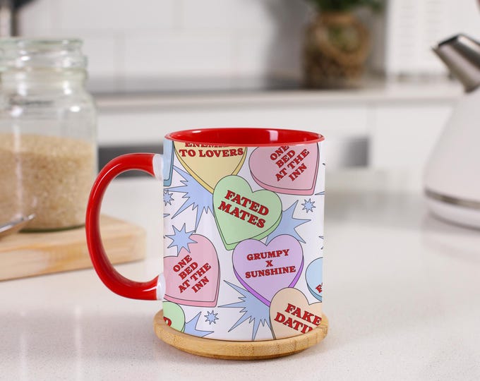 Romance Tropes Mug for Book Lovers – Bookish Smut Reader Gift – Cute Conversation Heart Mug – Enemies to Lovers Coffee Cup