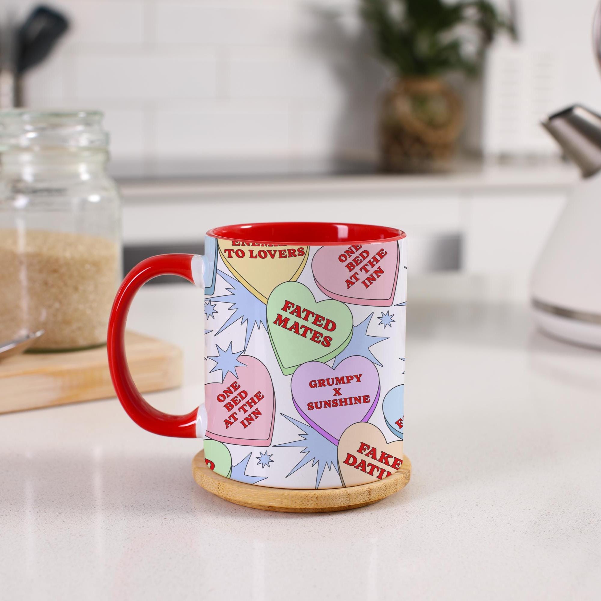 Romance Tropes Mug for Book Lovers – Bookish Smut Reader Gift – Cute Conversation Heart Mug – Enemies to Lovers Coffee Cup
