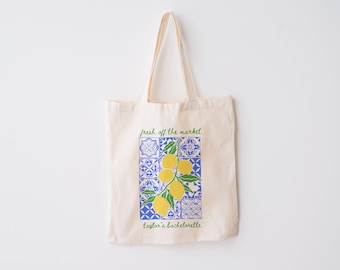 Fresh Off the Market Tote Bag Italian Lemon Bachelorette Favor Personalized Bride Gift Custom Market Bag Bridal Shower Tote Summer Wedding