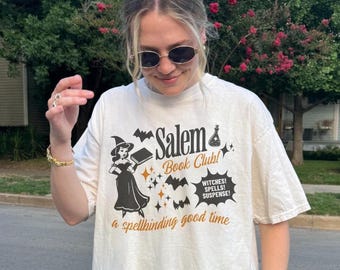 セーラムブッククラブ ハロウィンシャツ 魔女っぽい本っぽいグラフィックTシャツ ヴィンテージハロウィンTシャツ 秋の読書用シャツ 読書用レトロ魔女シャツ