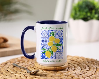 Taza de café para novia recién salida del mercado, regalo personalizado para novia, boda italiana, limón, La Dolce Vita, taza de té de cerámica, decoración de cocina italiana de verano