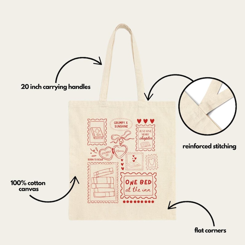 May include: Cream-colored tote bag with red stamp-like illustrations and text. Features include 20-inch carrying handles, reinforced stitching, and flat corners. The bag is made of 100% cotton canvas and has the text "GRUMPY X SUNSHINE" and "ONE BED at the inn".