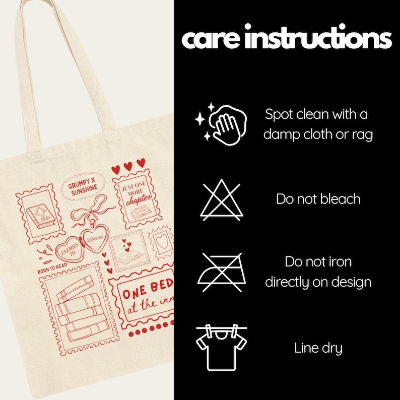 May include: Cream-colored tote bag with a red stamp-like design featuring book-related graphics and text. The text includes phrases like "Grumpy x Sunshine" and "One Bed at the Inn." Care instructions are on the right, including "Spot clean" and "Line dry."