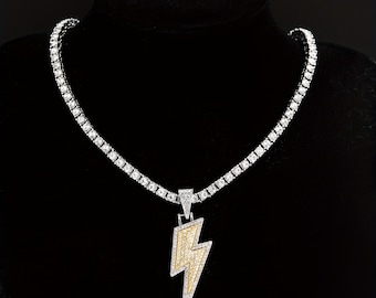 Iced Out Lightning Pendant Charm Necklace with 20"" Stainless Steel Chain - Hip Hop Rapper Jewelry for Men and Women.