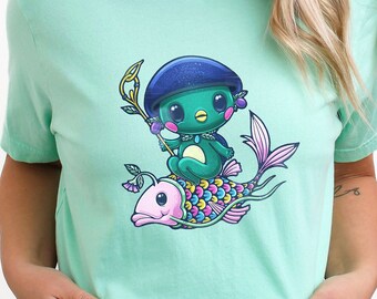 Kawaii Kappa (Japanese Mythical Monster) Hunter Riding Fish T-Shirt, Japanese Yokai, Cute things Japan, Unique Gift for Birthday