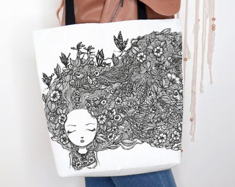 Illustrated Tote Bag by Bydbuk ©, Canvas Tote, Long Hair Tote, Printed Tote Bag, Shopping Bag