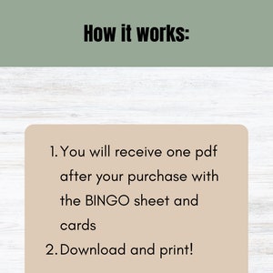 K&ouml;nnte beinhalten: So funktioniert es: Sie erhalten nach Ihrem Kauf ein PDF mit dem BINGO-Blatt und den Karten. Laden Sie es herunter und drucken Sie es aus!
