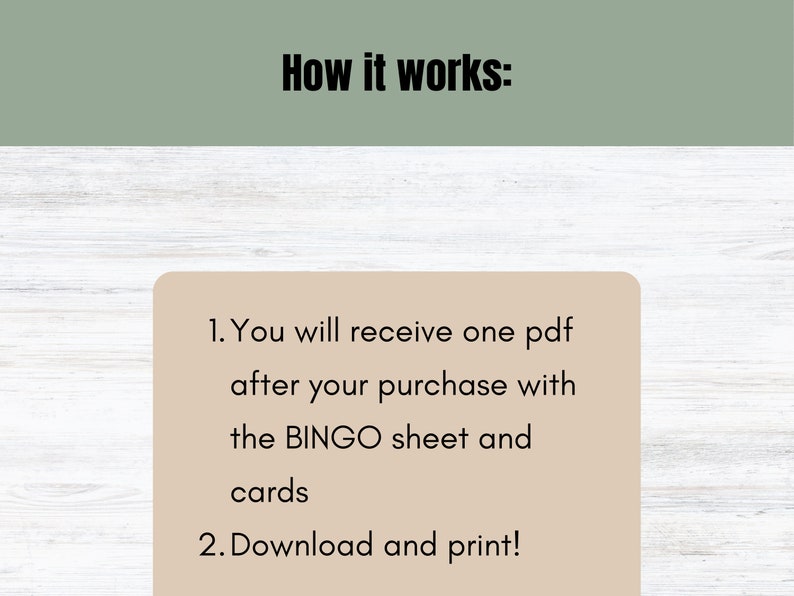 K&ouml;nnte beinhalten: So funktioniert es: Sie erhalten nach Ihrem Kauf ein PDF mit dem BINGO-Blatt und den Karten. Laden Sie es herunter und drucken Sie es aus!