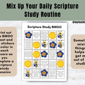 K&ouml;nnte beinhalten: Eine druckbare Bingokarte mit einer gelben Sonne, einer blauen Blume und einer Biene mit einem Buch. Die Karte tr&auml;gt den Titel "Scripture Study Bingo" und enth&auml;lt verschiedene Aufforderungen zum Bibelstudium. Der Text "Manchmal hilft es, Dinge durcheinanderzubringen, um mehr aus deinem Studium herauszuholen!" befindet sich auf einem braunen Hintergrund.