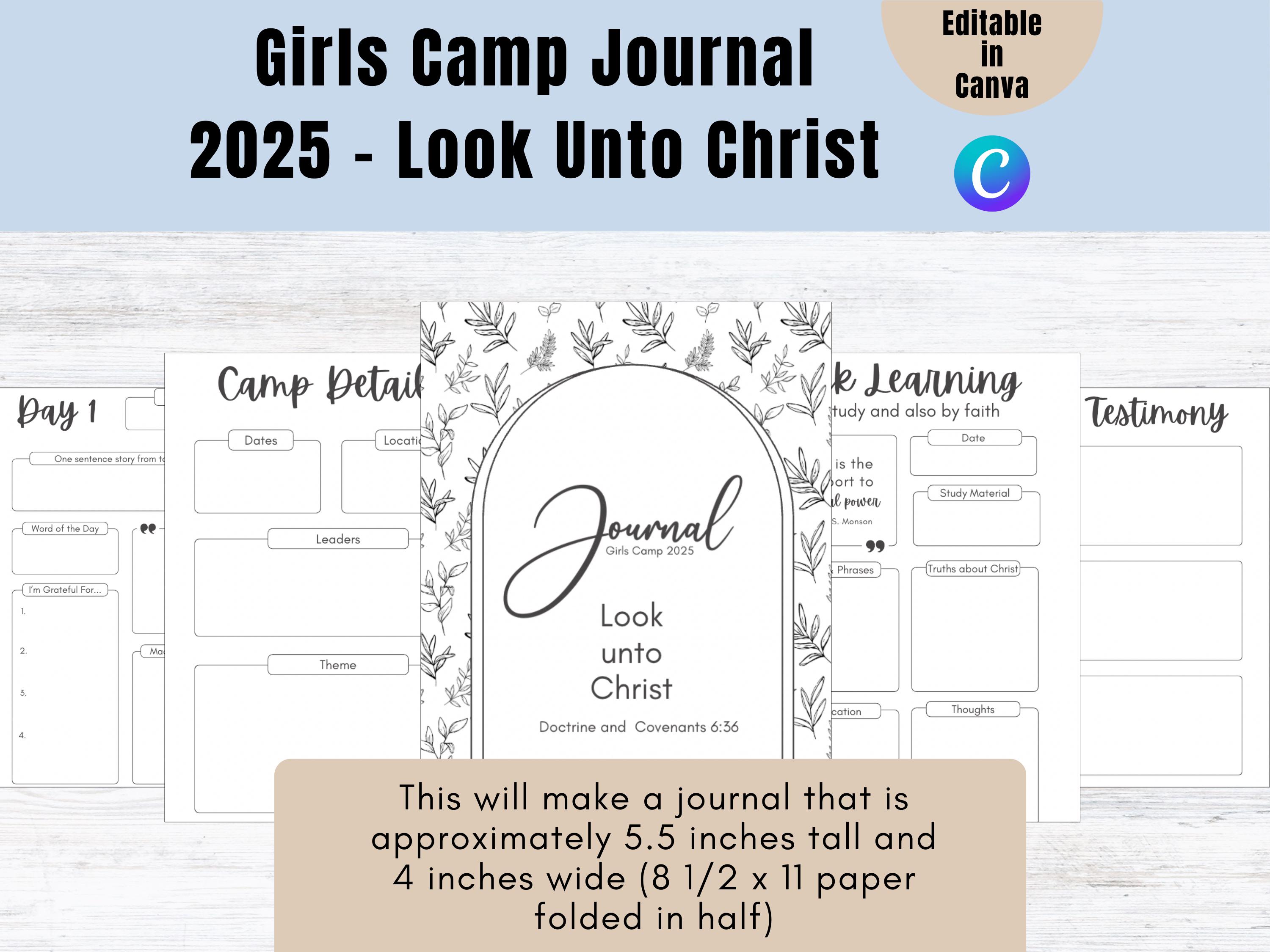 Diario del campeggio per ragazze modificabile 2025 / Diario del campeggio delle Giovani Donne LDS / Diario del campeggio stampabile / Vieni a Cristo