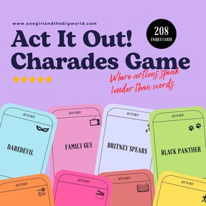Act It Out! Charades Party Game  | 208 Unique Printable Cards | Fun Digital Download for Parties