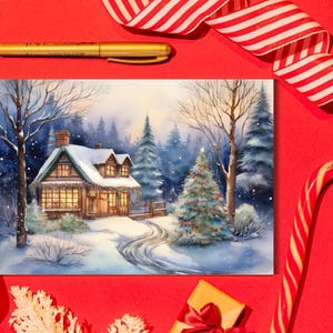 Chalé de Natal com Neve - Cartão Postal de Natal | Época de Festas (Download Digital | Modelo para Imprimir)