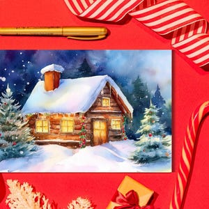 Cabana de Neve de Natal - Cartão Postal de Natal | Época de Festas (Download Digital | Modelo para Imprimir)