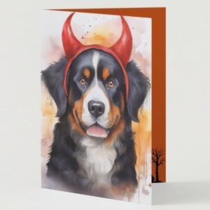 Niedliche Halloween Berner Sennenhund Karte im Teufel Kostüm | Faltbare & druckbare Grußkarte (Digitaler Download)