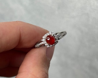 Natural Red Jadeite Jade with Moissanite Sterling Silver Adjustable Ring