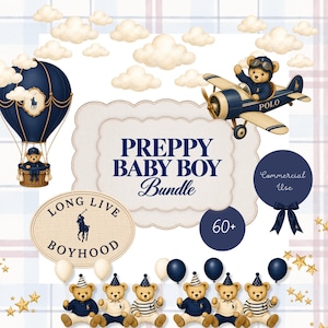 Puede incluir: Un paquete gráfico digital con osos de peluche en trajes azul marino y crema, un globo aerostático, un avión y estrellas. El texto incluye PREPPY BABY BOY Bundle, LONG LIVE BOYHOOD y Commercial Use. Fondo de cuadros con nubes.