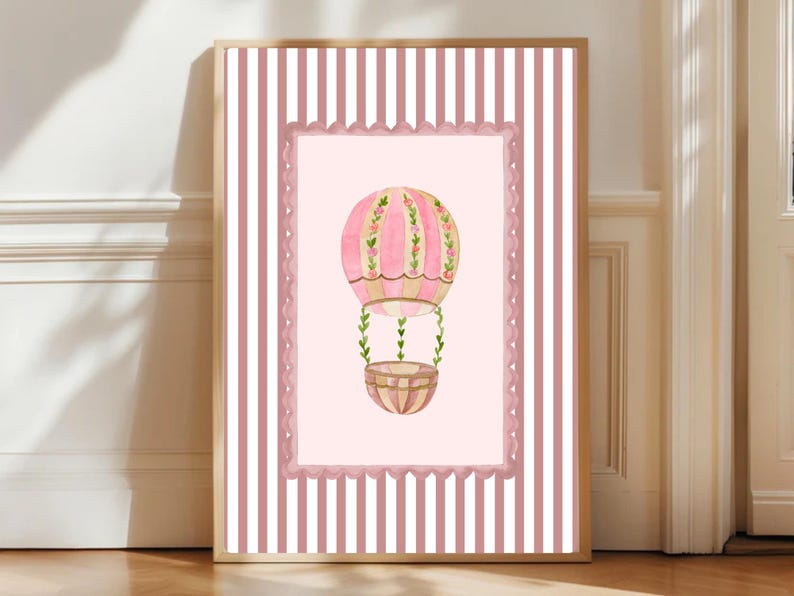 Vintage Hot Air Balloon Nursery Art, Pink Baby Girl Room Decor (digital ...