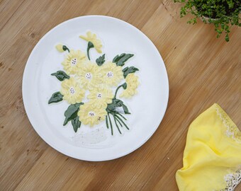 Vintage Gelbe Blumen Handgemacht Handbemalter Steingut Keramik Teller