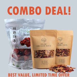 May include: A combo deal of dried jujube snacks. The image shows a clear bag of whole dried jujubes and two brown paper bags of sliced jujubes. The text "COMBO DEAL!" and "BEST VALUE, LIMITED TIME OFFER" are displayed.