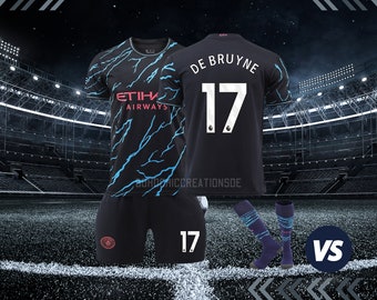 23-24 Manchester City tweede uit voetbalshirt, De Bruyne, Foden, Haaland, Doku, kindertrui, kinderset